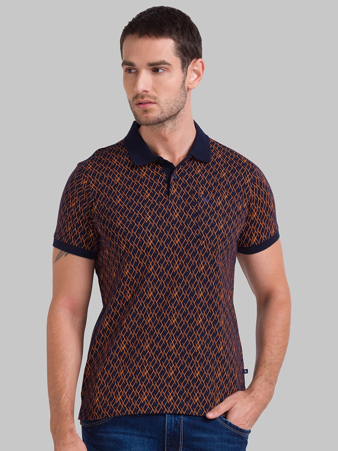 

Parx Men Blue & Orange Printed Polo Collar T-shirt