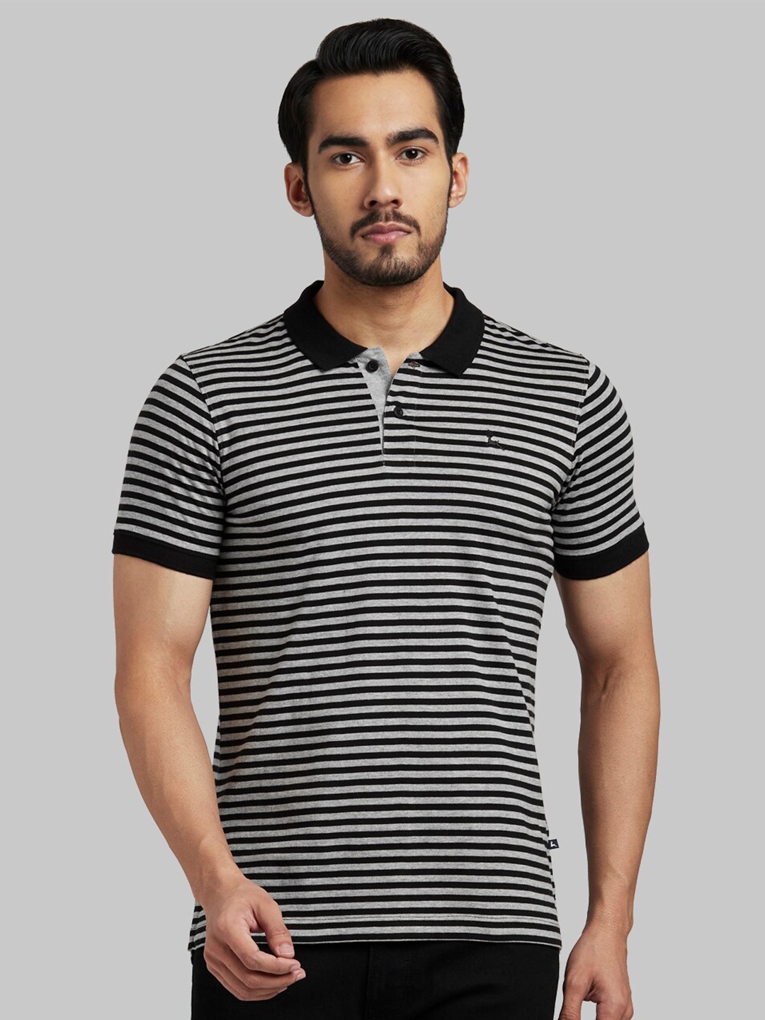 

Parx Men Black Striped Polo Collar Monochrome T-shirt