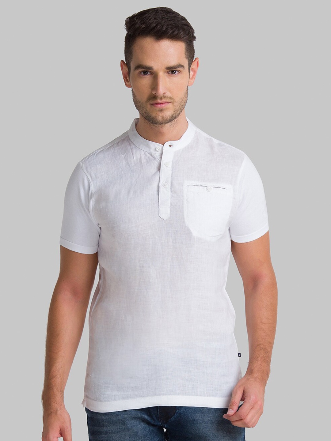 

Parx Men White Mandarin Collar Linen T-shirt