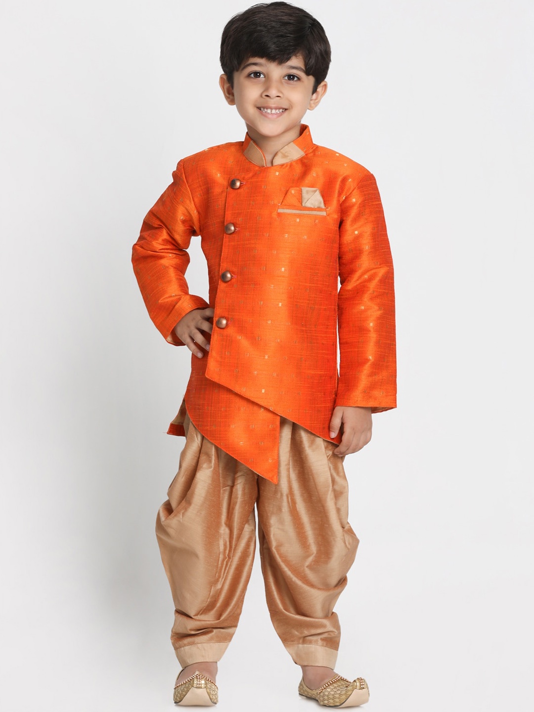 

VASTRAMAY Boys Orange and Rose Gold Toned Self Design Sherwani and Dhoti Set