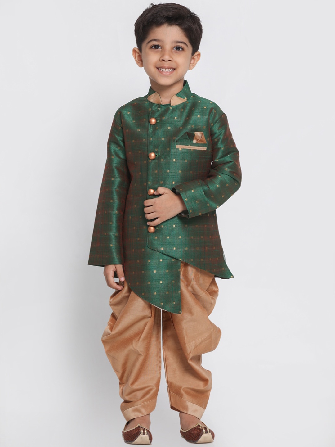 

VASTRAMAY Boys Green & Rose Golden Printed Slim Fit Indowestern Sherwani Set