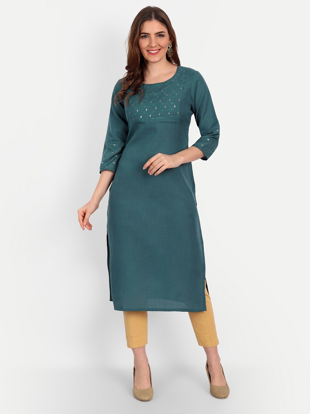 

Happy Design Women Teal Embroidered Thread Work Kurta