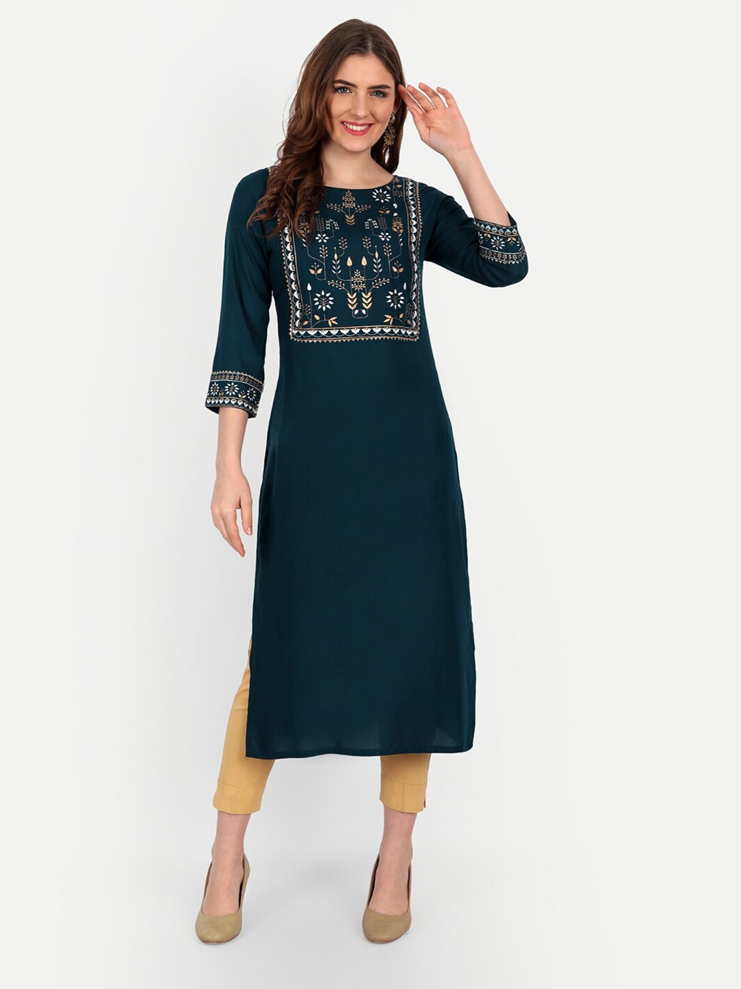 

Happy Design Women Teal Ethnic Motifs Yoke Design Kurta