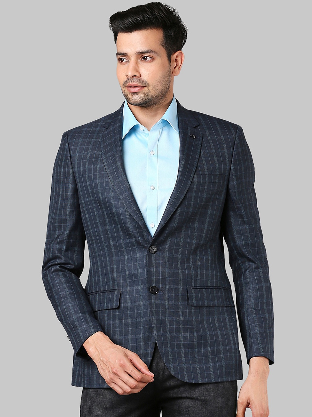 

Raymond Men Dark Blue Checked Single-Breasted Formal Blazer