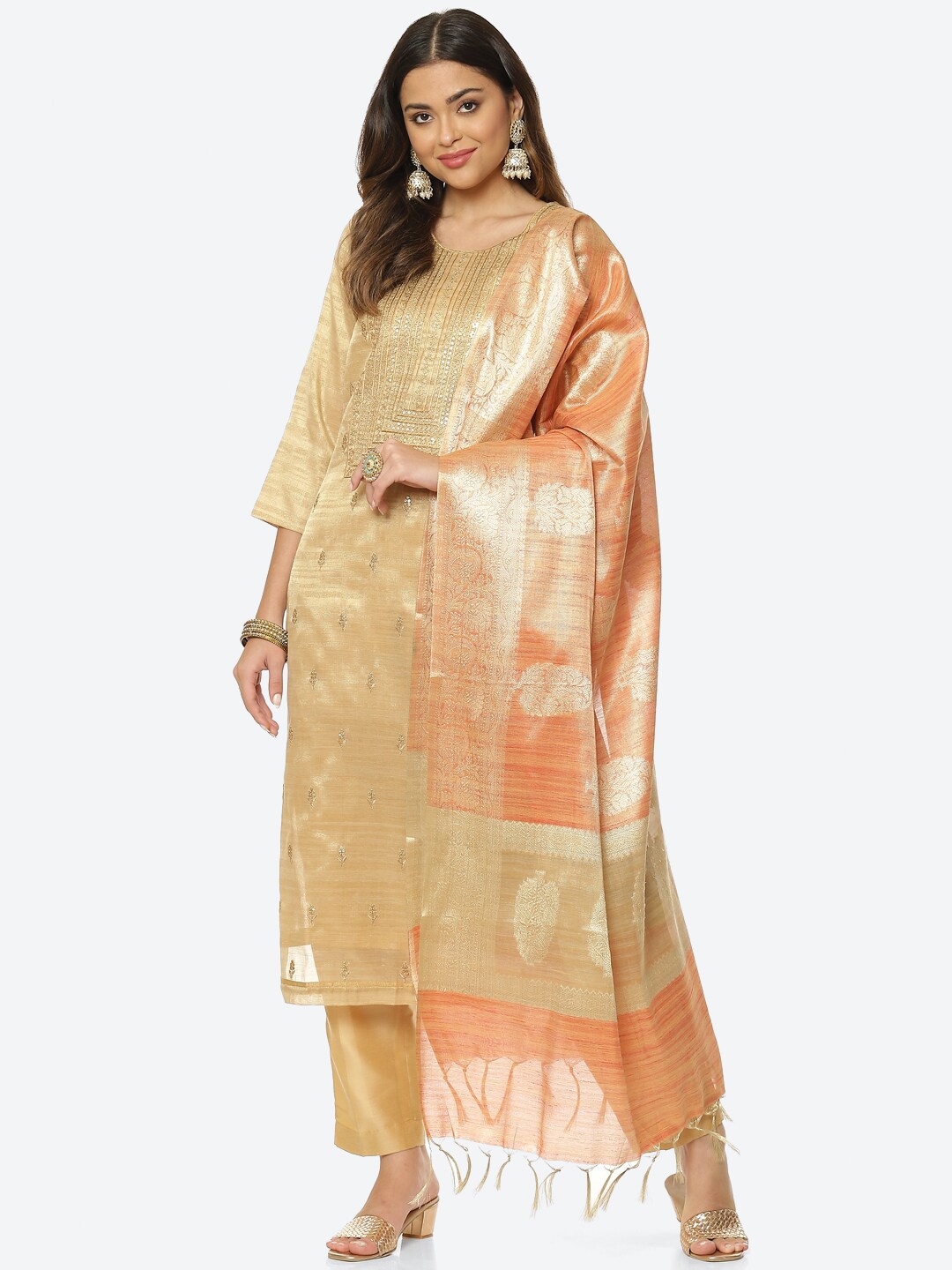 

Meena Bazaar Gold-Toned & Peach-Coloured Embroidered Unstitched Dress Material