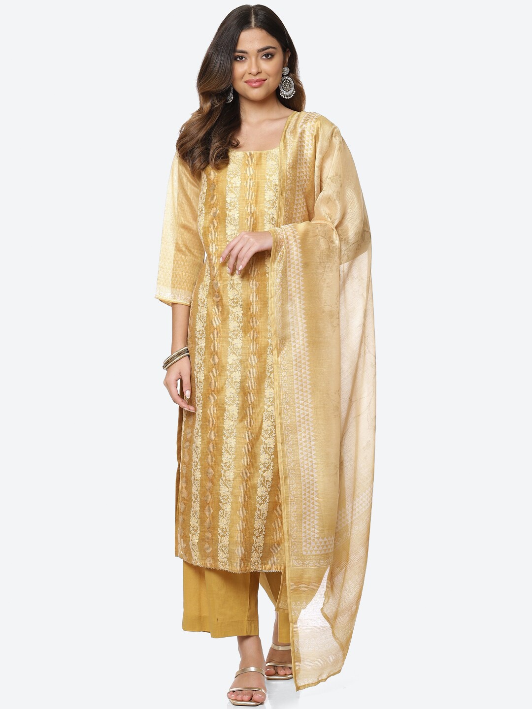 

Meena Bazaar Mustard & Off White Printed Unstitched Dress Material