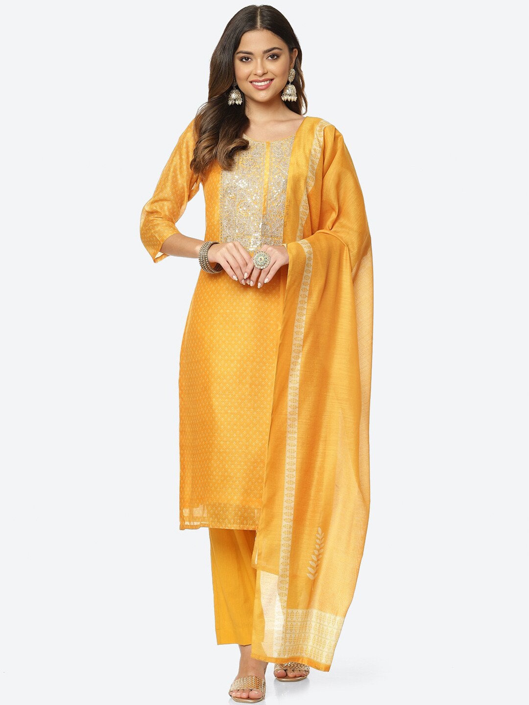 

Meena Bazaar Mustard & Gold-Toned Embroidered Unstitched Dress Material