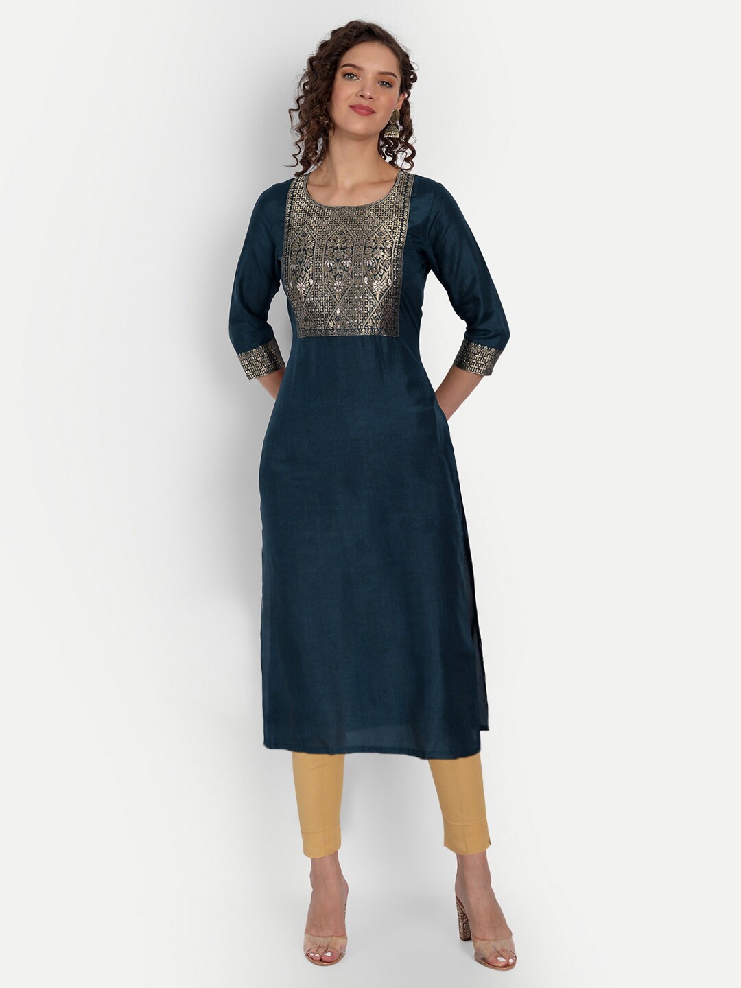 

Happy Design Women Navy Blue Ethnic Motifs Yoke Design Kurta