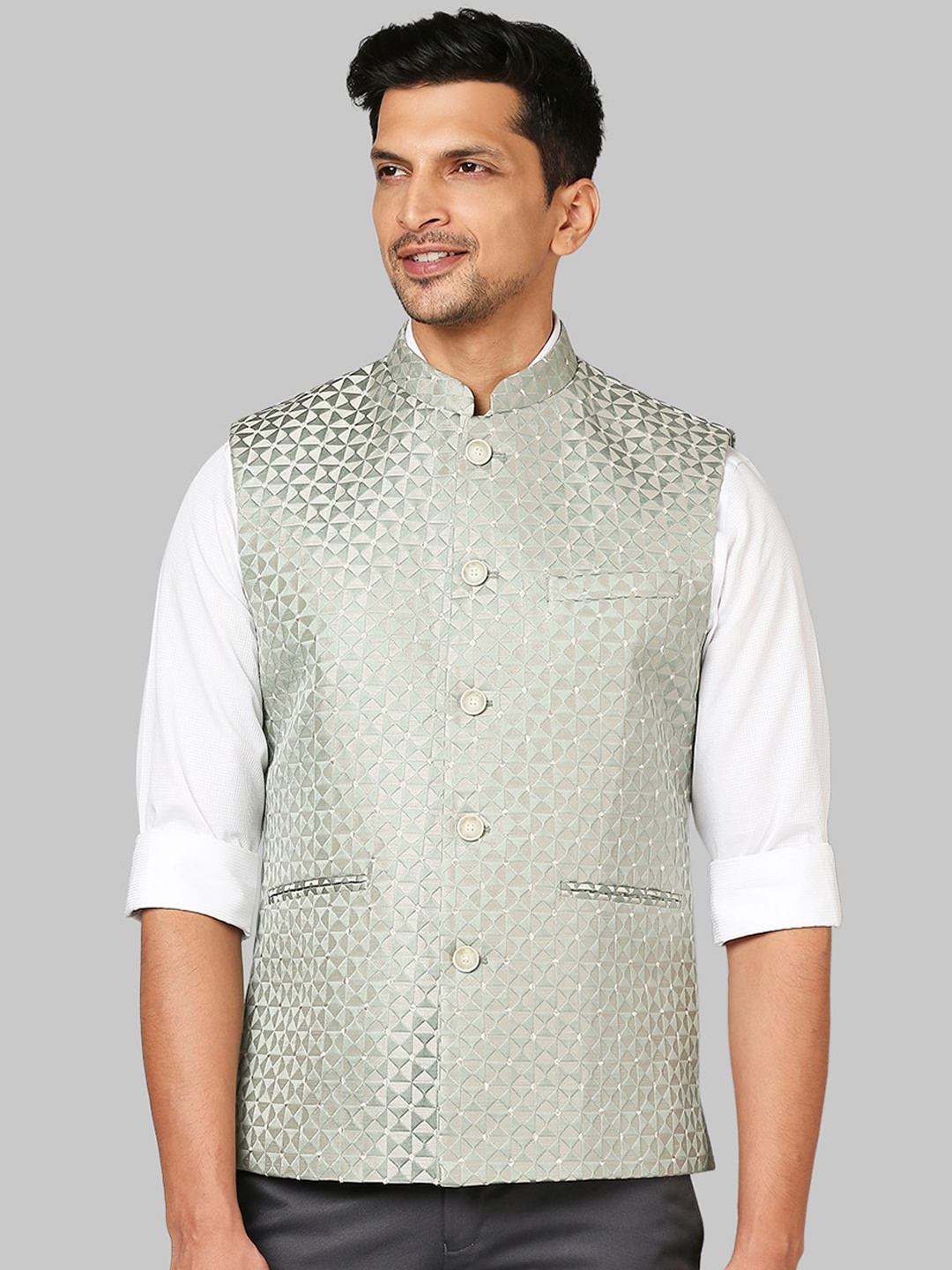 

Raymond Men Green Solid Woven Nehru Jacket