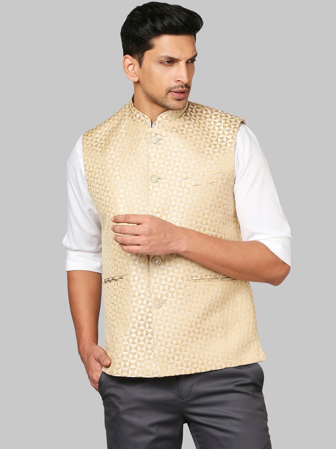 

Raymond Men Beige Solid Woven Nehru Jacket