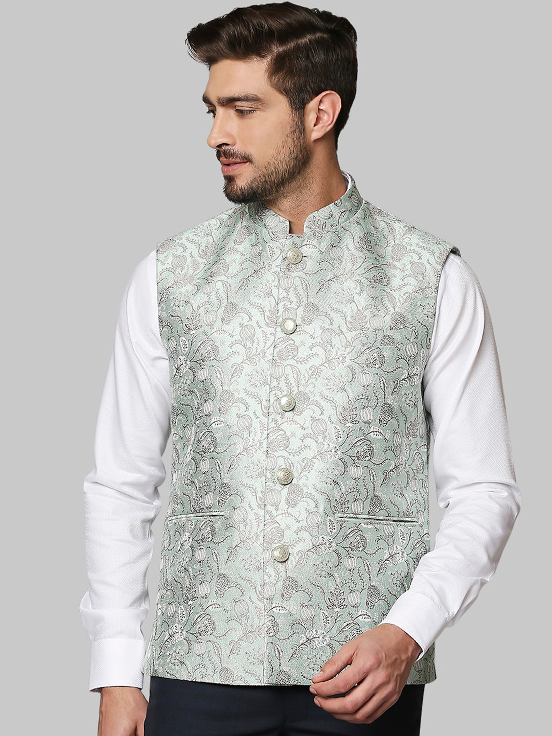 

Raymond Men Blue Solid Woven Nehru Jackets