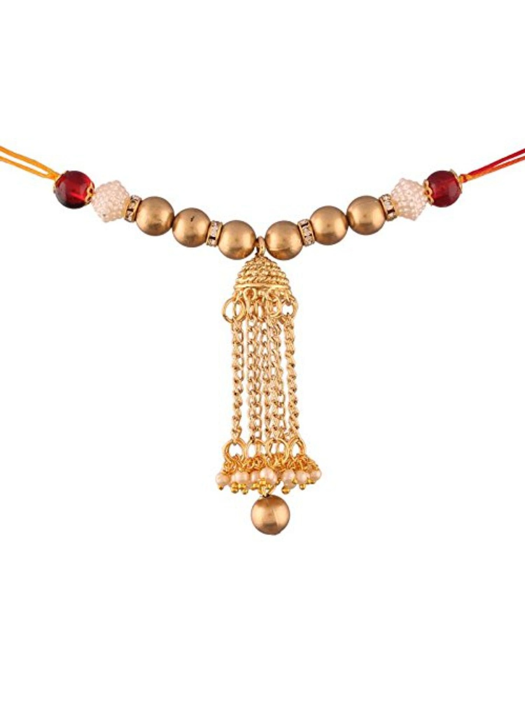 

I Jewels Gold-Plated Red Jhumki Style Lumba Rakhi For Bhabhi