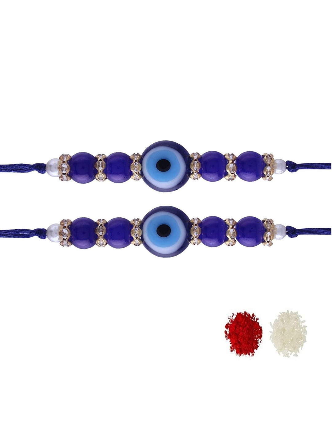 

I Jewels Set Of 2 Evil Eye Designer Pearl Beads Studded Bracelet Rakhi, Blue