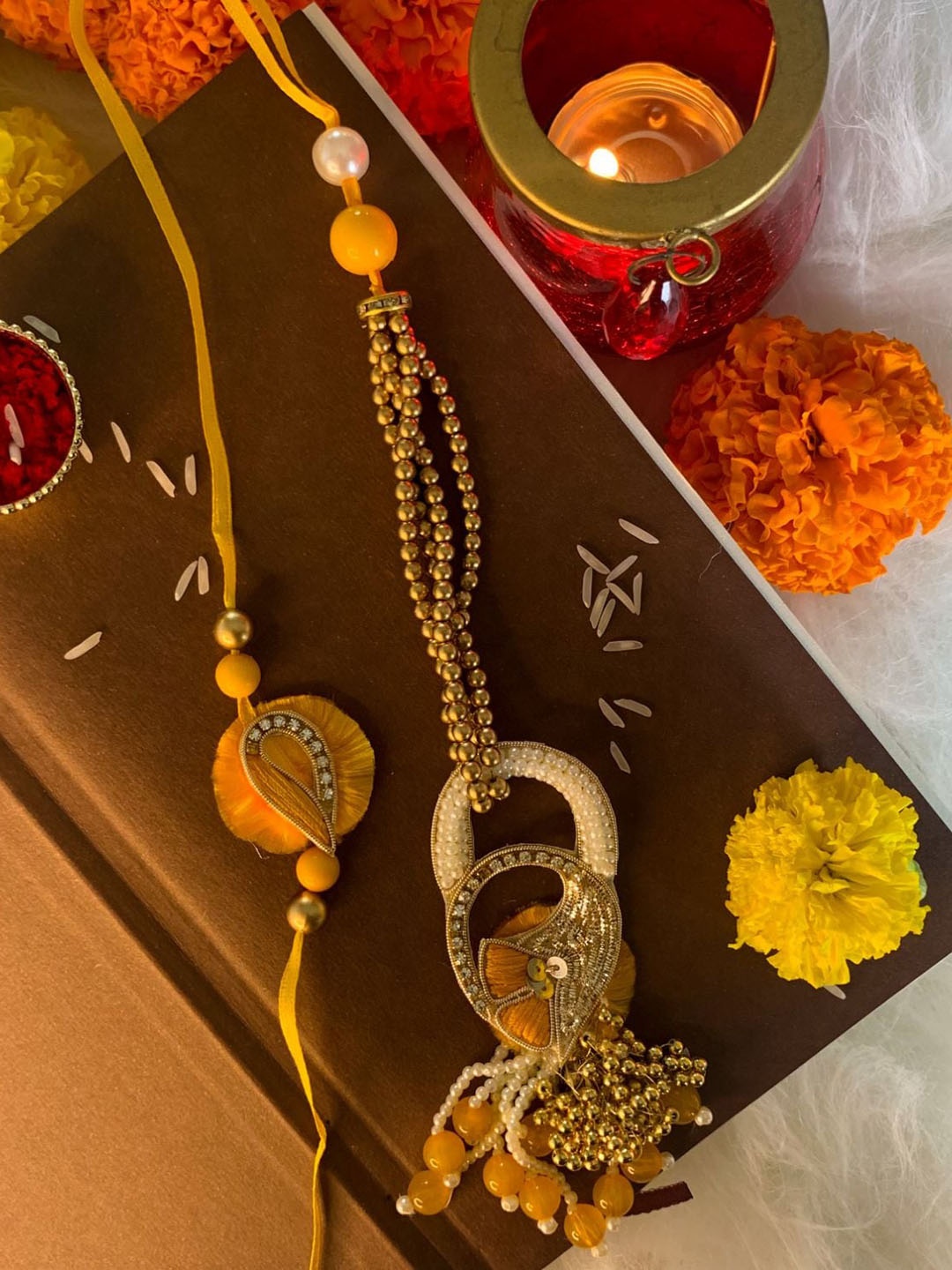 

I Jewels Yellow Bhaiya Bhabhi Hanging Lumba Rakhi Combo Set