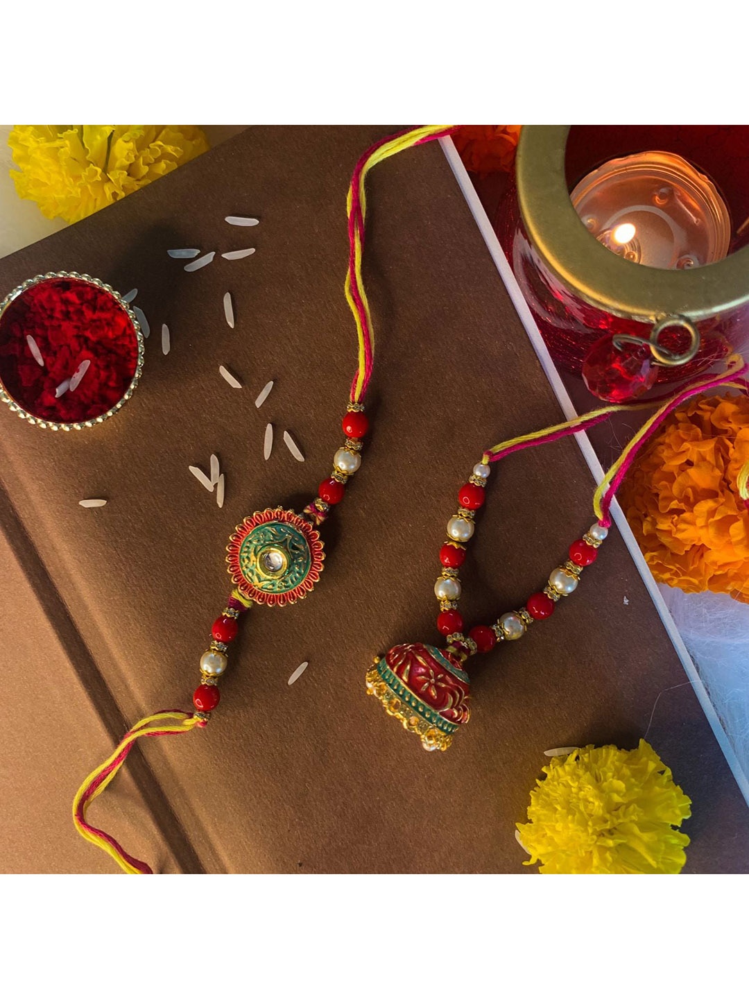 

I Jewels Bhaiya Bhabhi Hanging Lumba Rakhi, Red