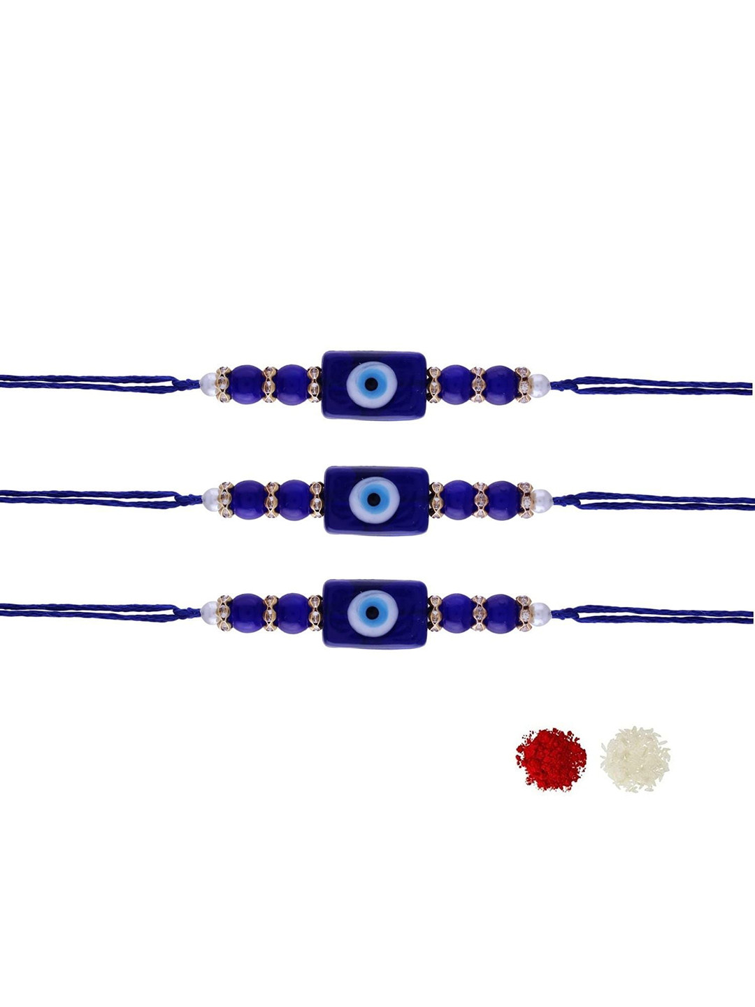 

I Jewels Set of 3 Blue Pearl Beaded Rakhi with Roli Chawal