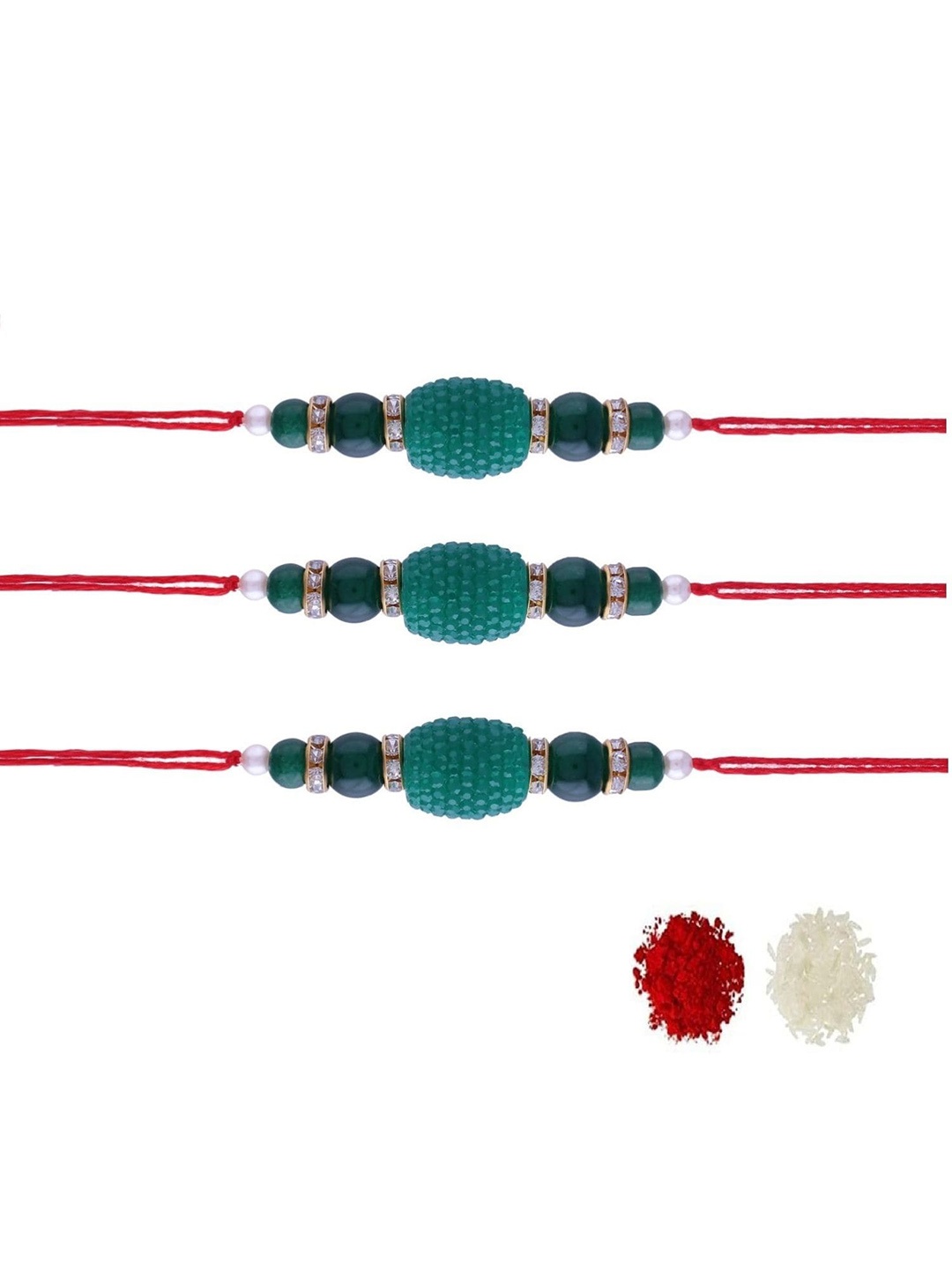 

I Jewels Men Set Of 3 Green & Red Pearl Beaded Rakhi