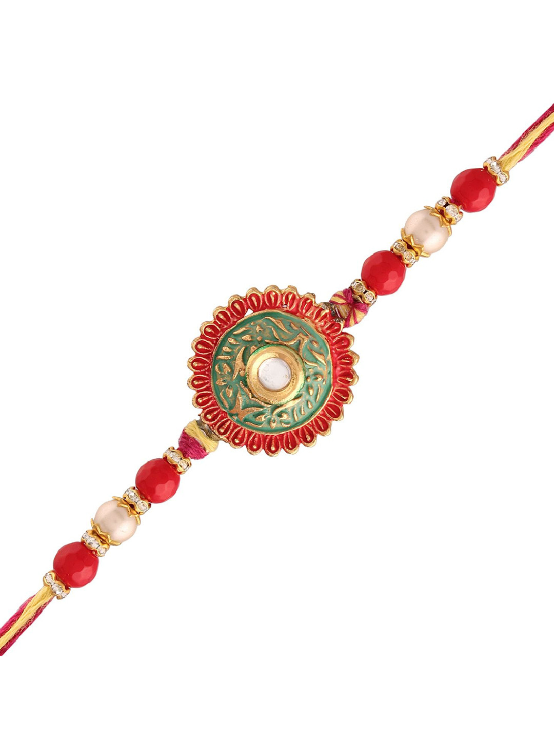

I Jewels Men Gold-Plated Ethnic Designer Pearl Rakhi Bracelet, Red