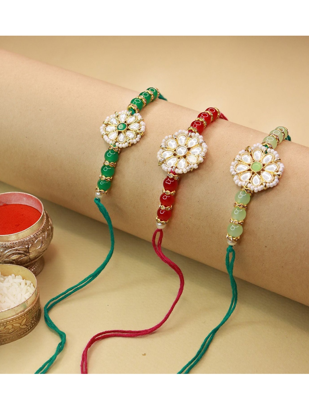 

I Jewels Set Of 3 Pearl & Beads Studded Rakhi, Red
