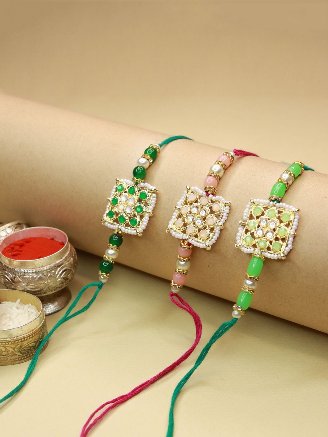 

I Jewels Set of 3 Multcolored Beaded Studded Thread Rakhi, Multi