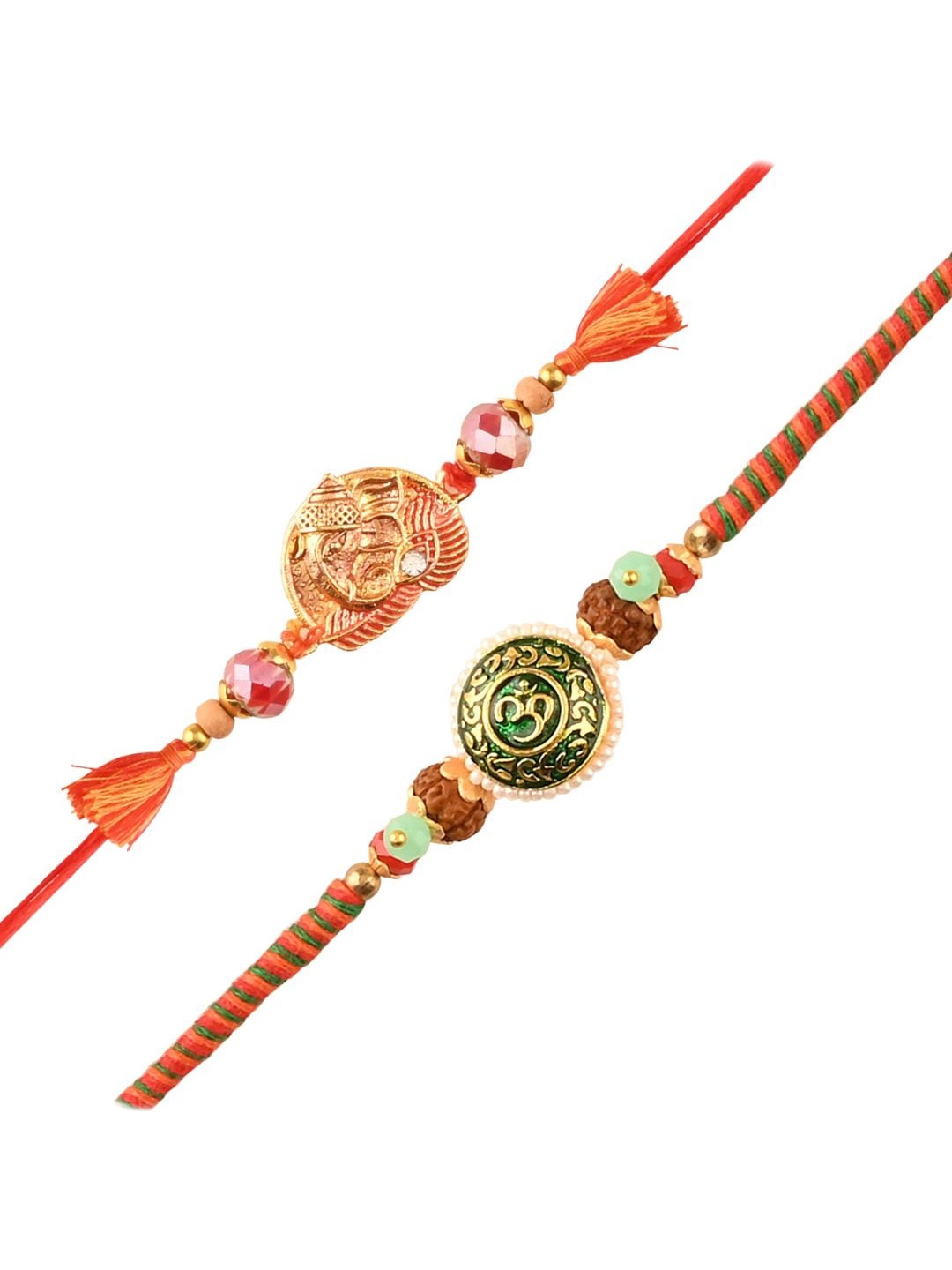 

Arendelle Men Set Of 2 Red & Gold-Toned OM and Ganpati Designer Stone Studded Rakhi