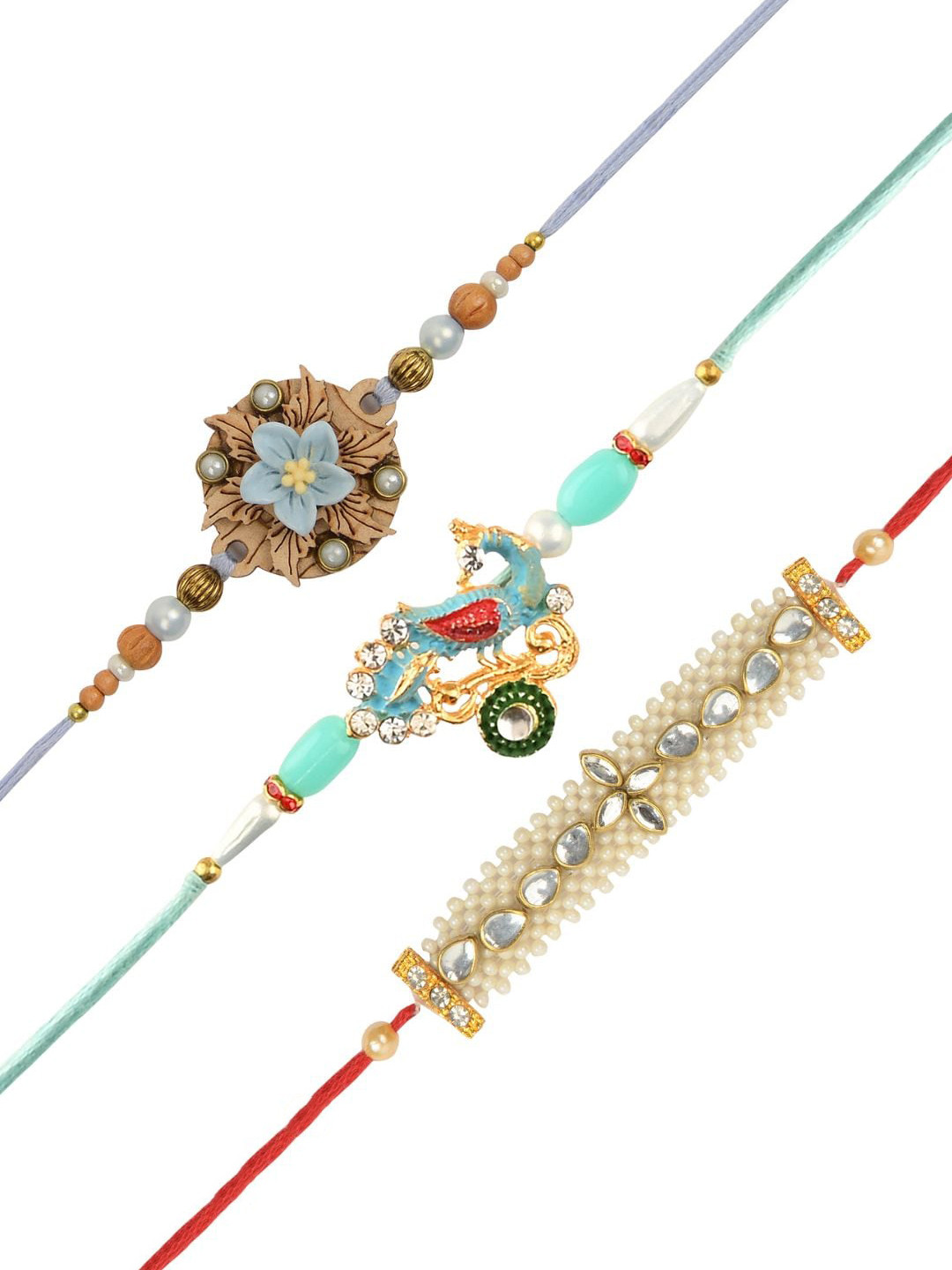 

Arendelle Men Set of 3 Multicolored Peacock, Flower and Pearl Kundan Rakhi, Multi