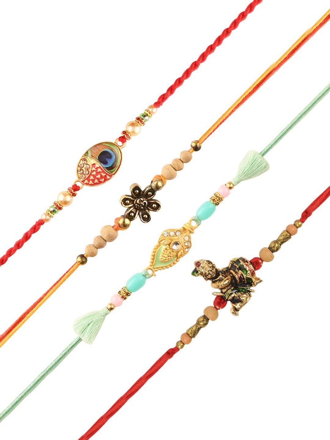 

Arendelle Set Of 4 Beaded Peacock & Baal Krishna Rakhi, Gold