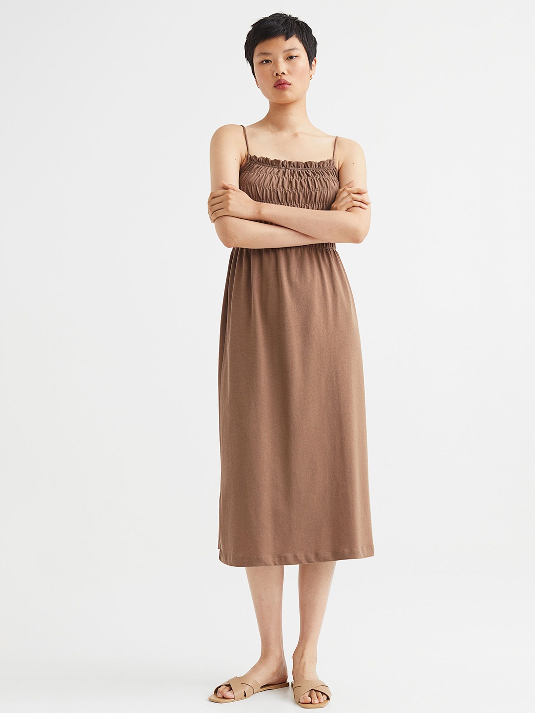

H&M Beige Solid Smocking-Detail Pure Cotton Dress