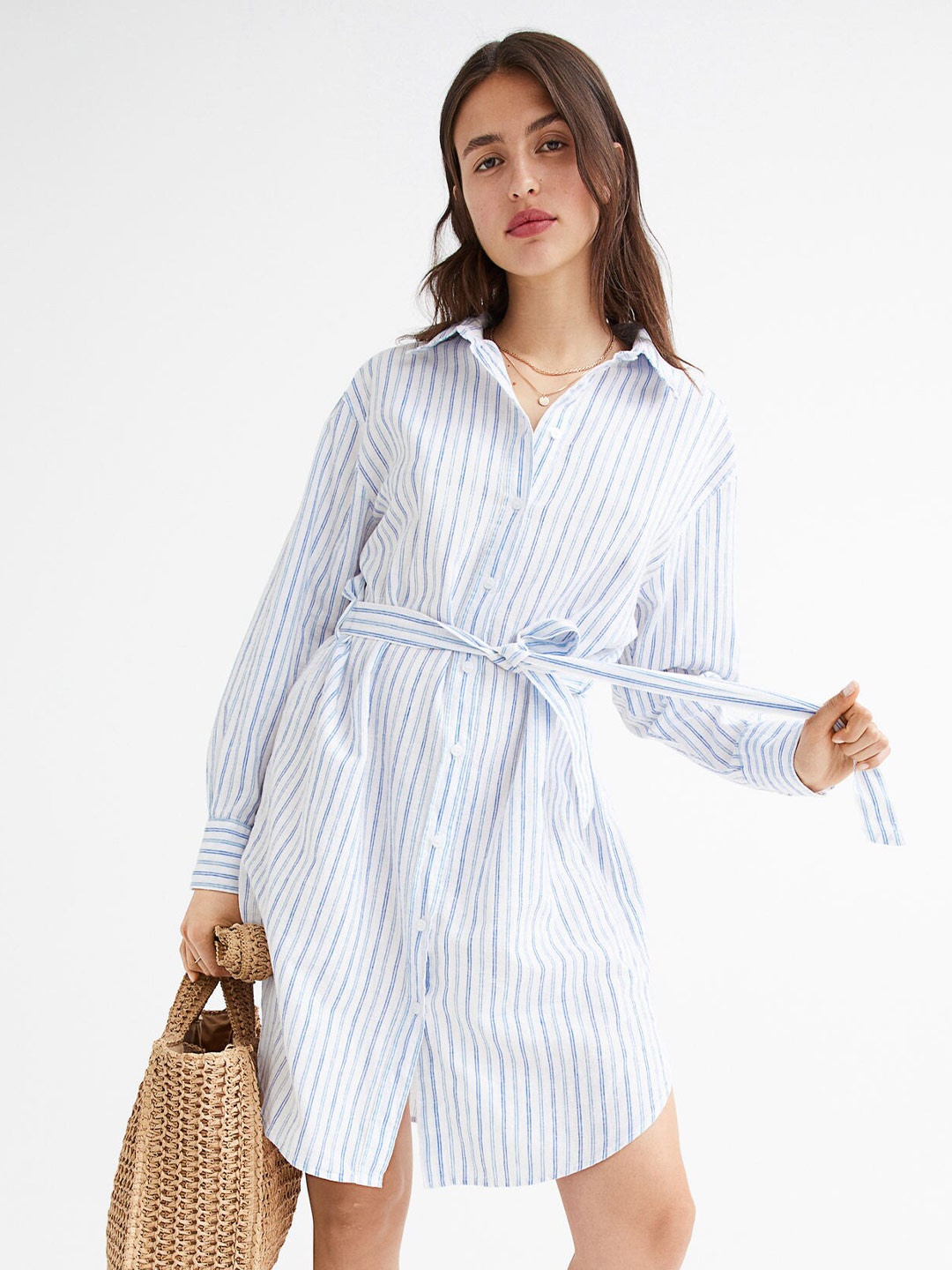 

H&M White Linen-Blend Shirt Dress