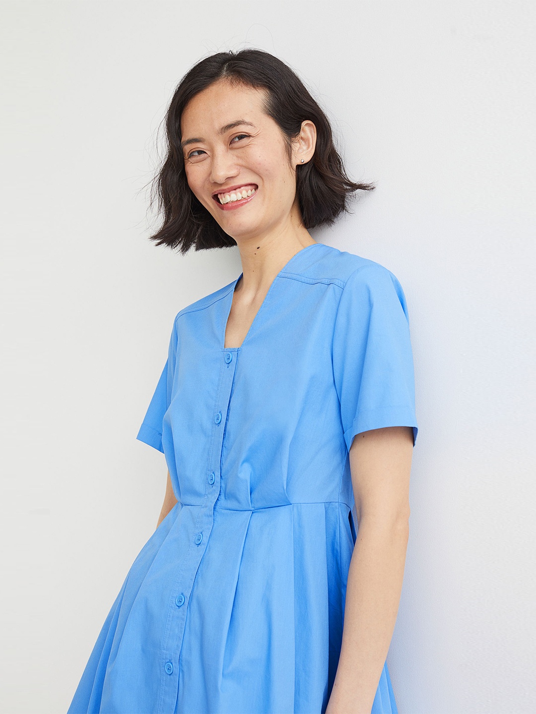 

H&M Blue Solid Button-Front Pure Cotton A-Line Dress