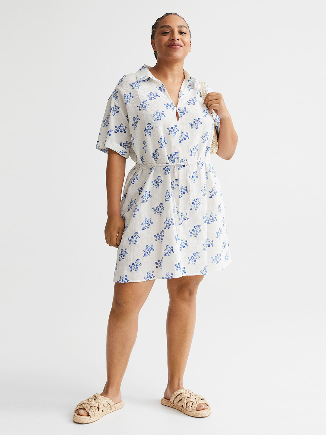 

H&M Women Multicolor & Blue Tie-belt shirt dress, Multi