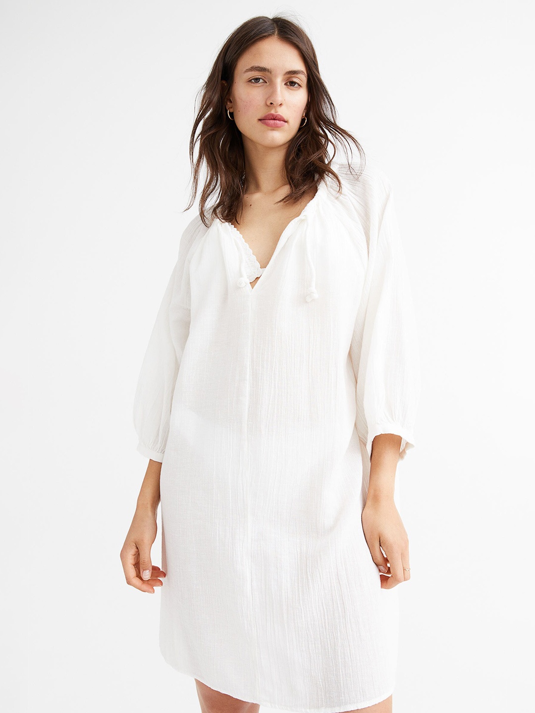 

H&M White Balloon-Sleeved A-Line Dress