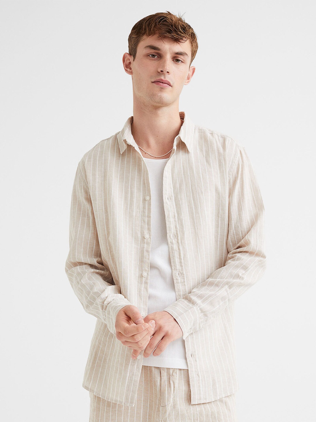

H&M Men Beige Linen-blend shirt Slim Fit