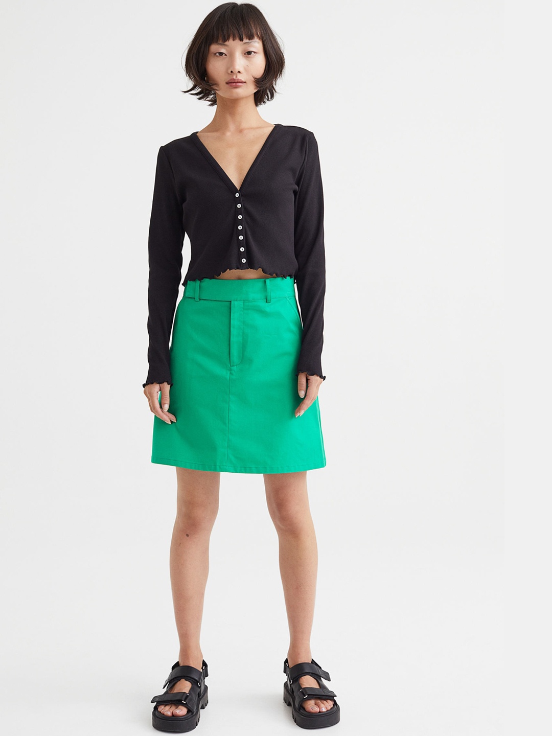 

H&M Women Green Solid Cotton Twill A-Line Skirt