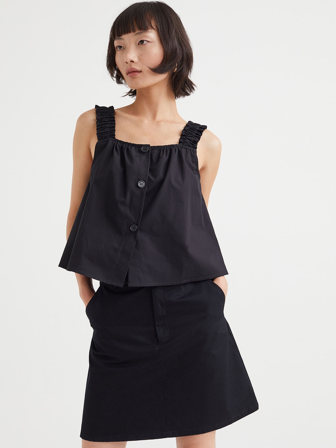 

H&M Women Black Cotton twill A-line skirt