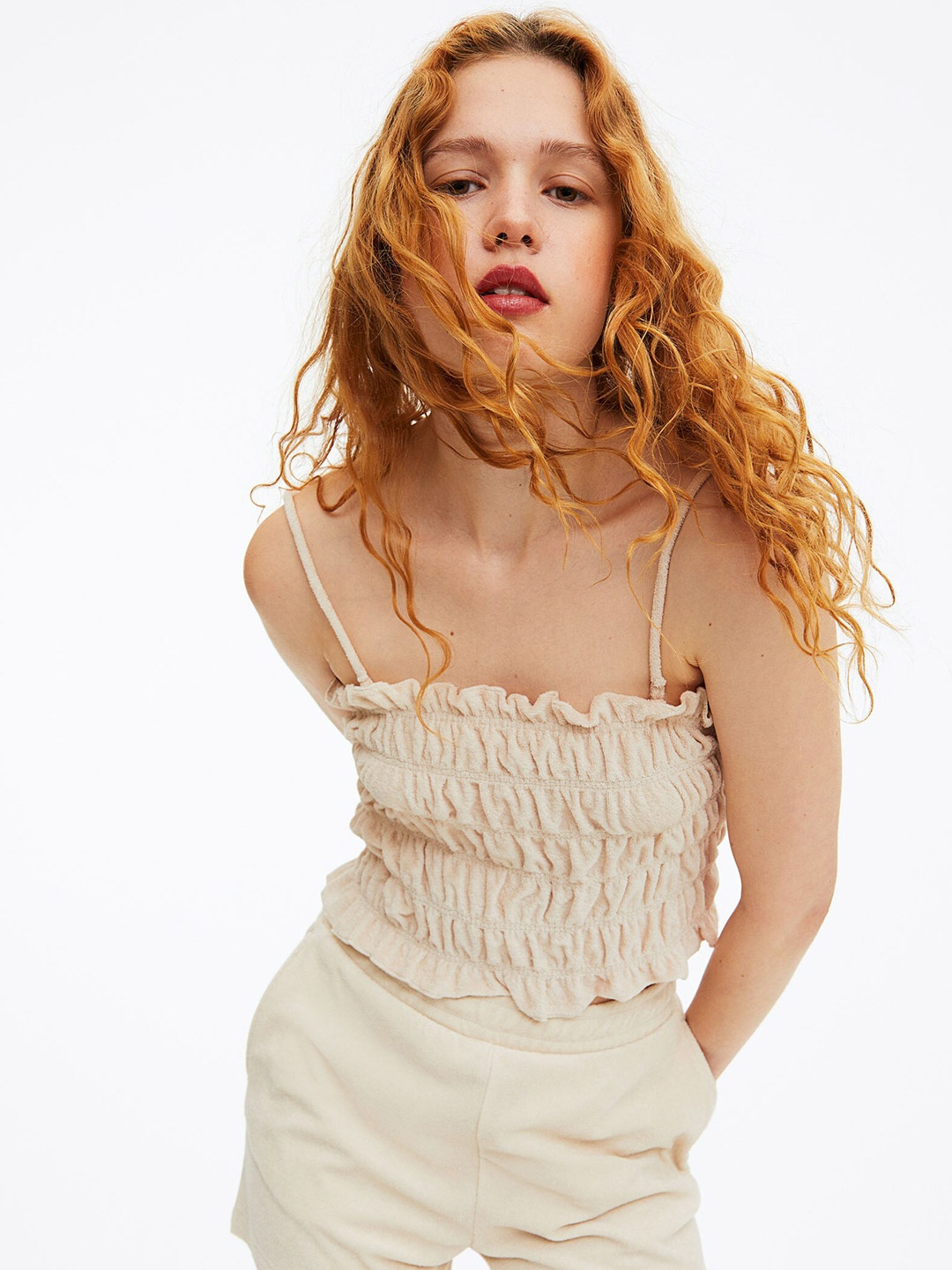 

H&M Women Beige Smocked Terry Top