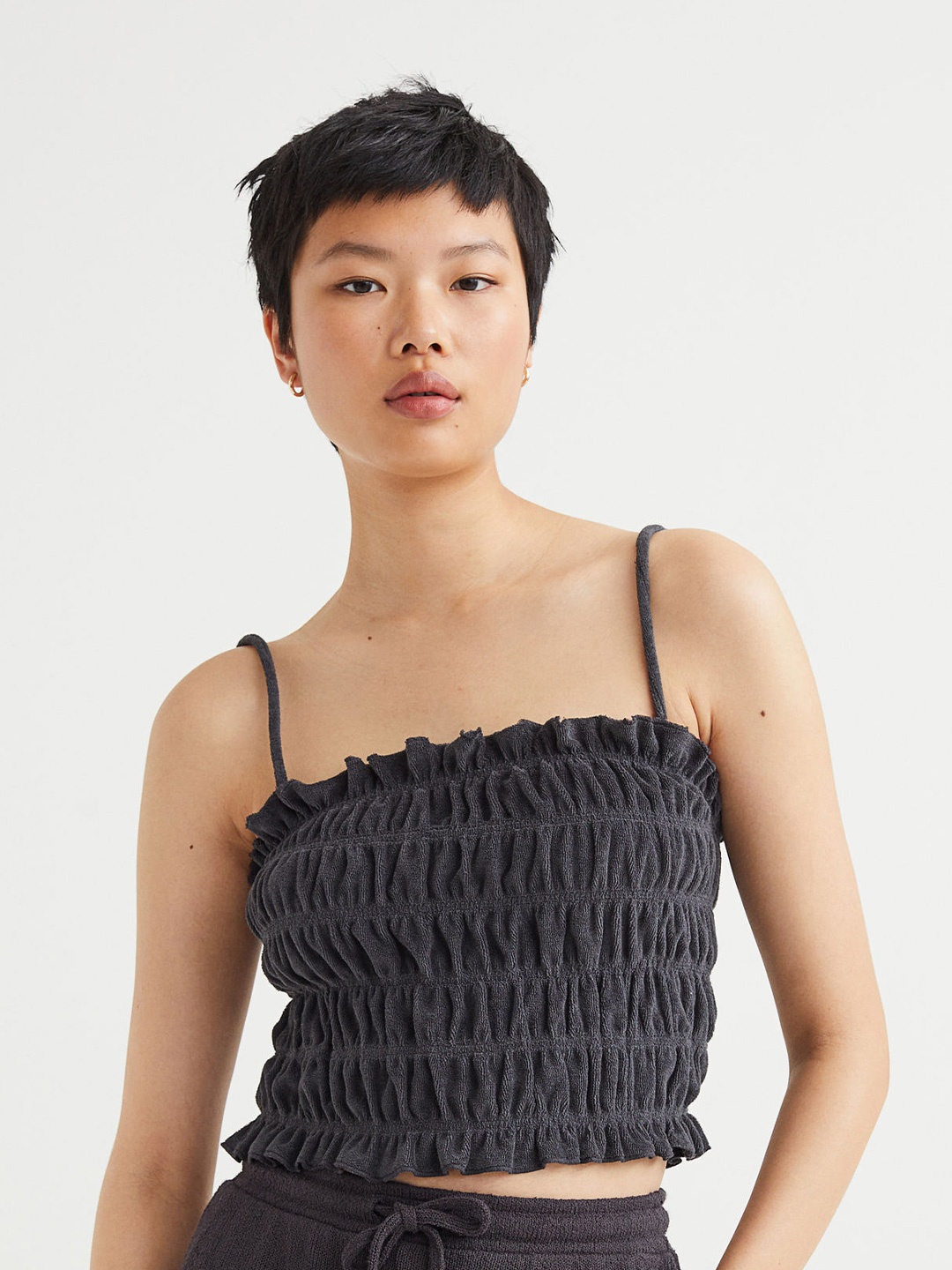 

H&M Women Black Smocked terry top