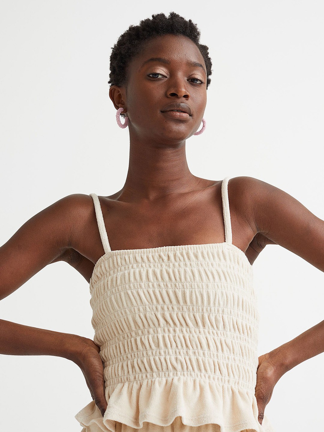 

H&M Women Beige Smocked terry strappy top