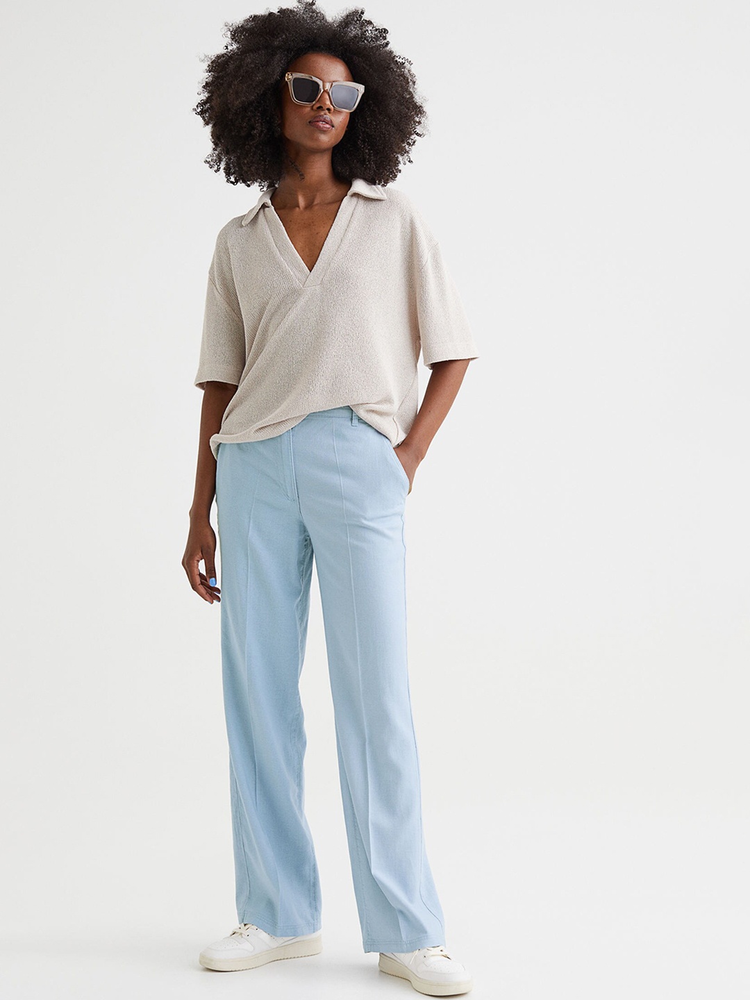 

H&M Women Blue Straight Linen-Blend Trousers