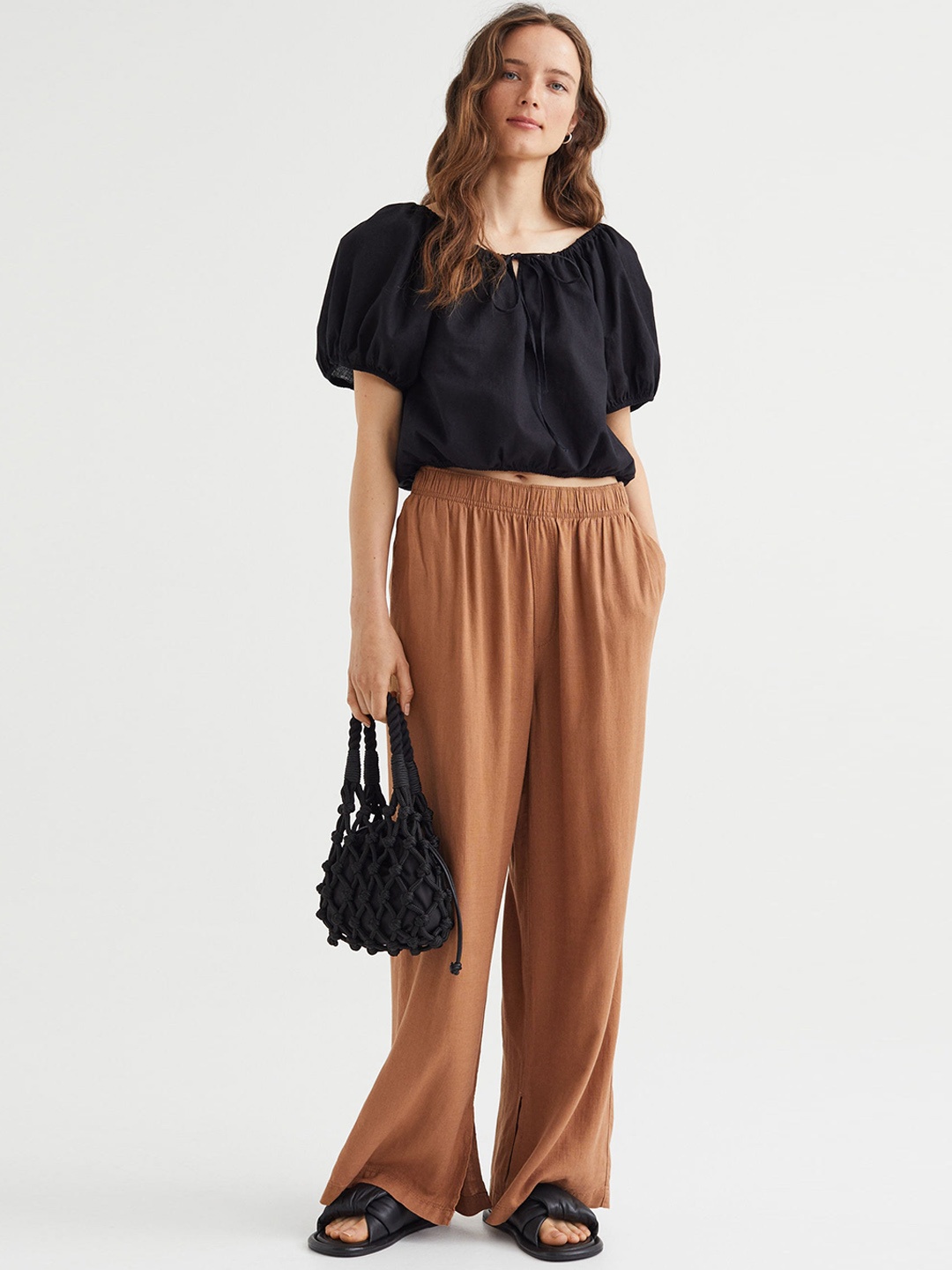 

H&M Women Beige Linen-blend trousers