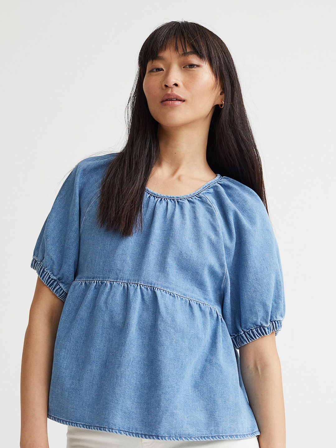 

H&M Women Blue Puff-Sleeved Denim Top