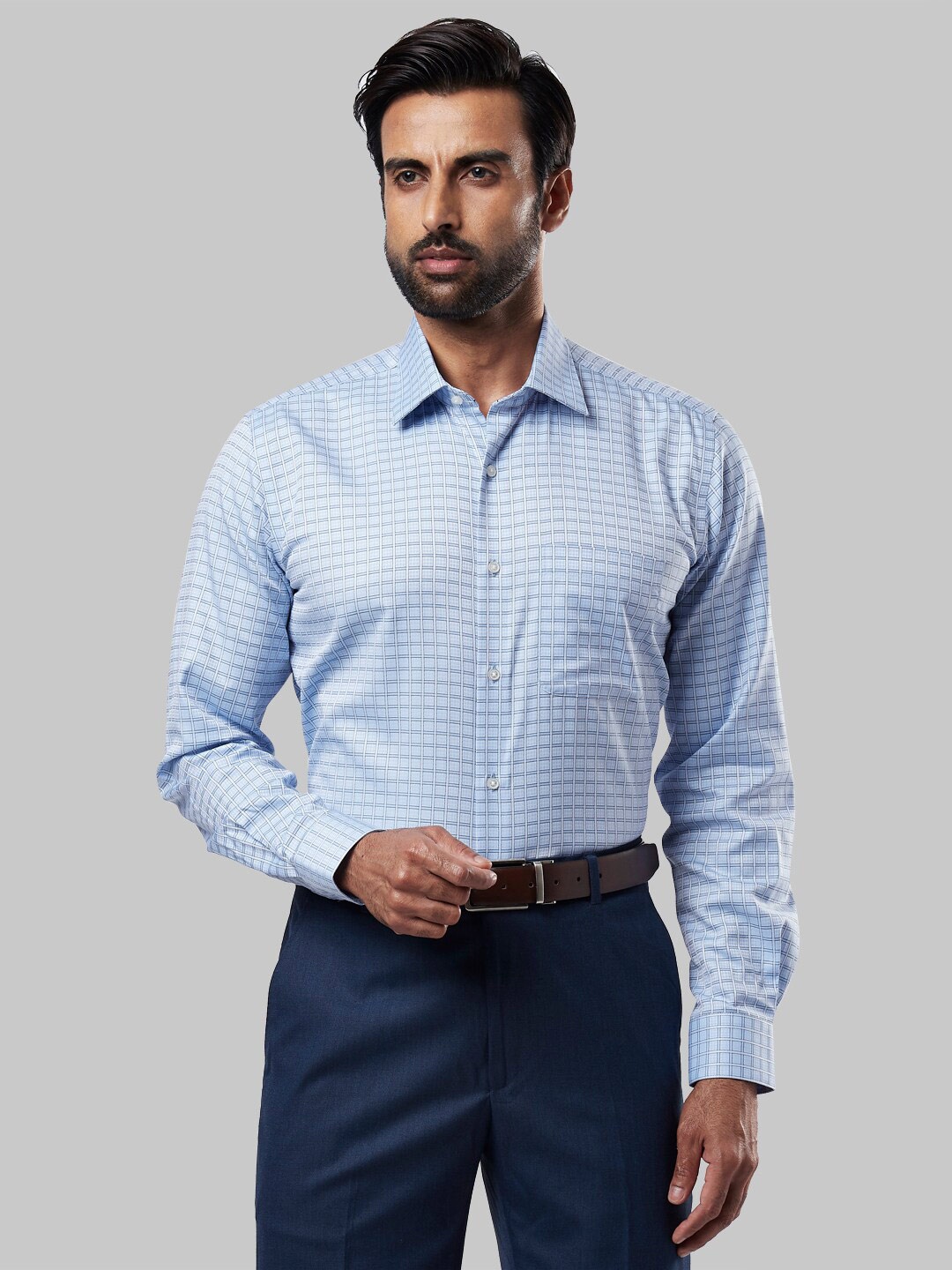 

Raymond Men Blue Checked Cotton Formal Shirts