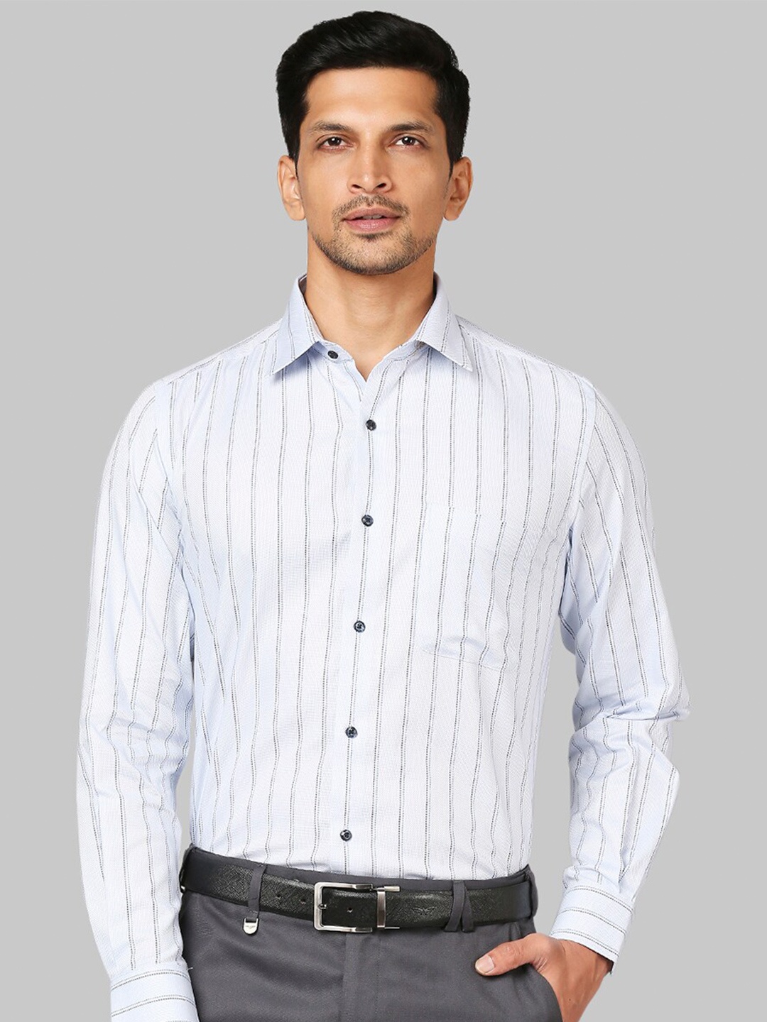 

Raymond Men Blue Striped Formal Shirts