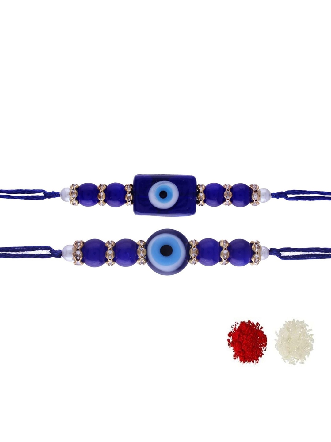 

I Jewels Set Of 2 Blue Pearl Beaded Evil Eye Rakhi With Roli Chawal