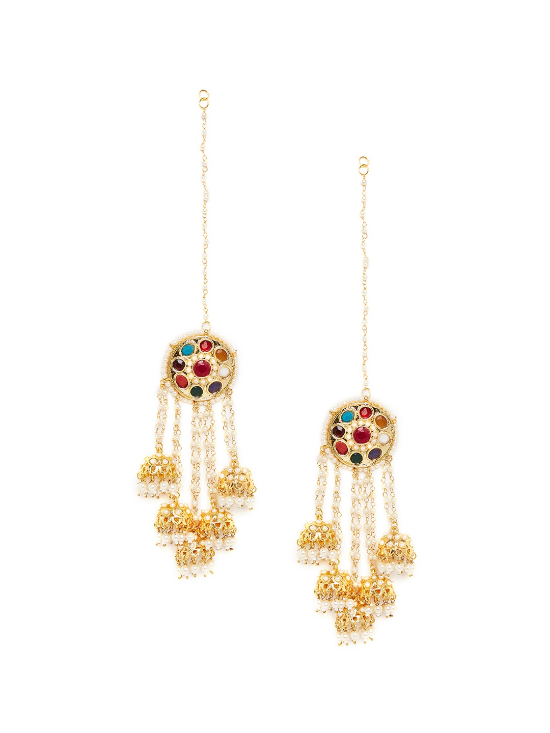 

Bamboo Tree Jewels Gold-Toned & Off-White Stone-Studded Jhumkas