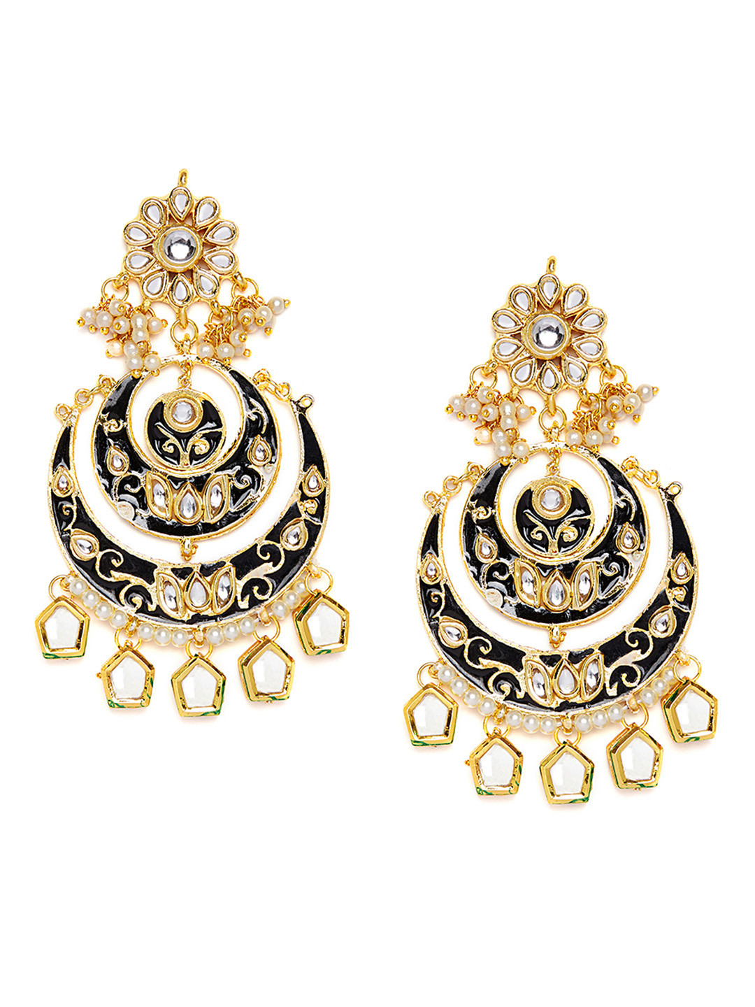 

Bamboo Tree Jewels Black & Gold-Toned Stone-Studded Chandbalis