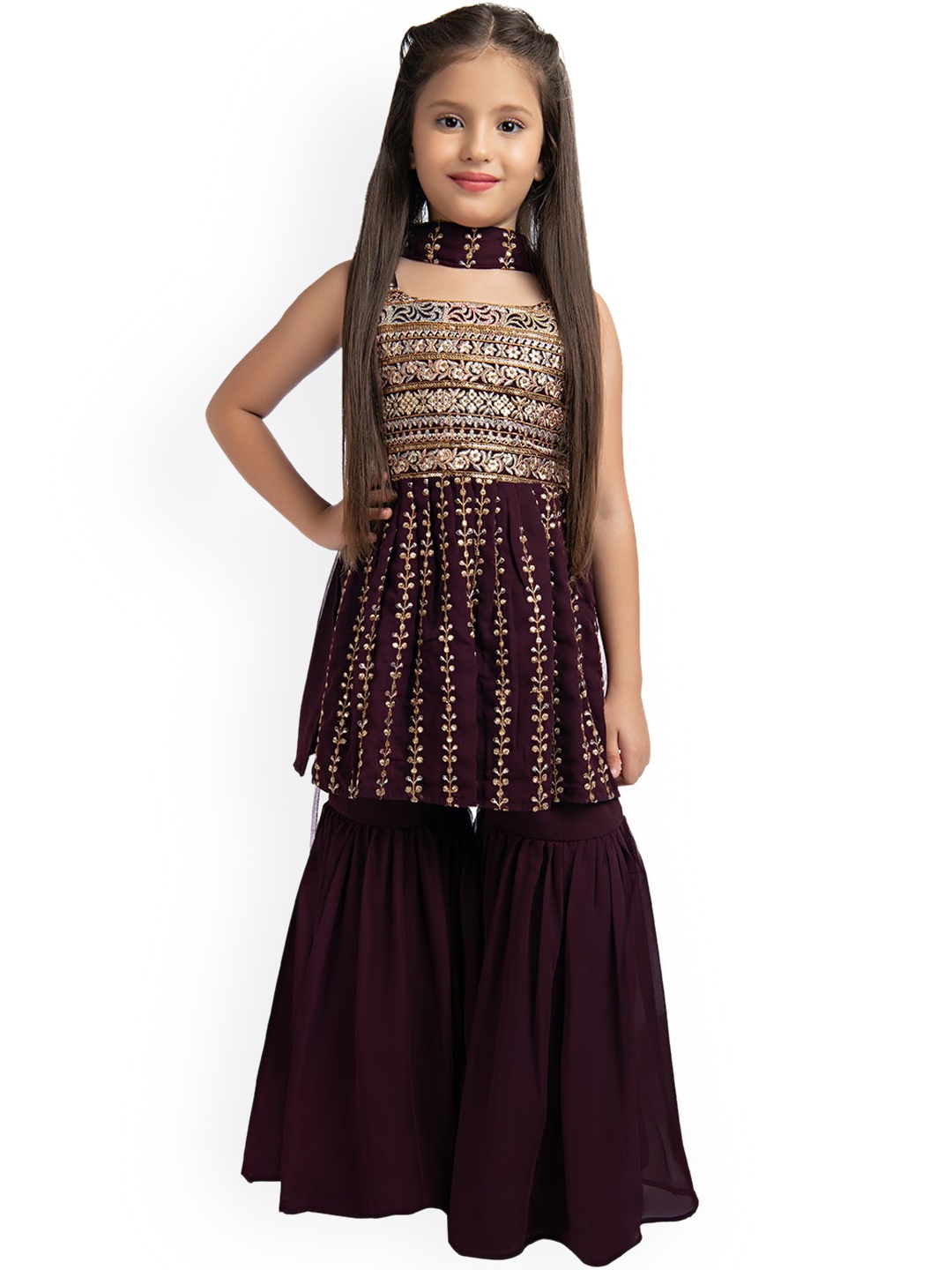 

Tiny Kingdom Girls Burgundy Embroidered Empire Sequinned Kurta with Sharara & With Dupatta