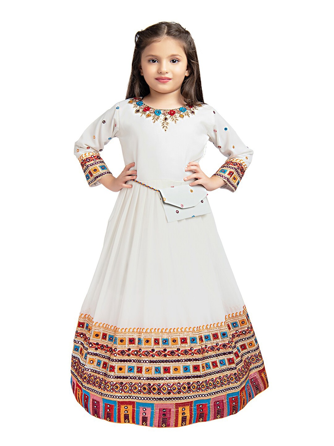 

Tiny Kingdom Kids Girls White Embellished Georgette Ethnic Gown Dress with stylish pocket