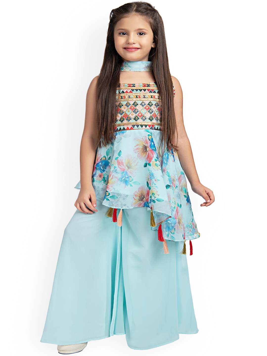 

Tiny Kingdom Girls Printed Top with Palazzos & Dupatta, Blue