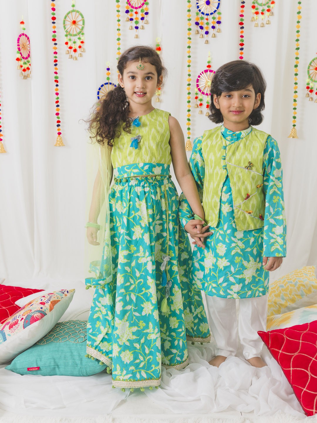 

pspeaches Boys Turquoise Blue Ethnic Motifs Pure Cotton Kurta with Pyjamas & Waistcoat